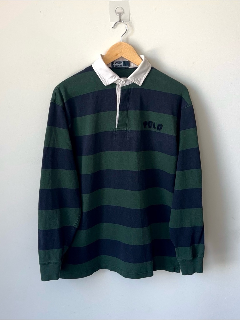 Polo Ralph Lauren Striped Rugby Shirt Men’s M Green Navy Blue Spellout Logo